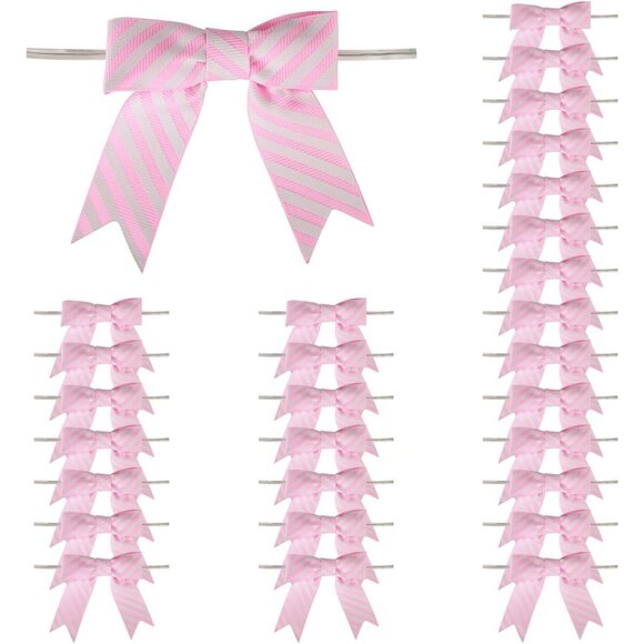 30 3" Twist Tie Pink Striped Grosgrain Ribbon Bows - Picture 1 of 9